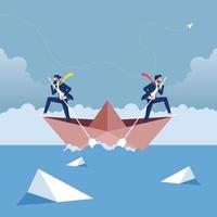 Business disunited concept-Two businessmen paddling in opposite directions vector