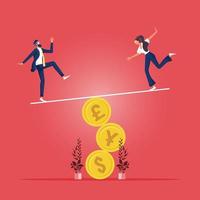 Money balance concept-Business people balancing not to fail from seesaw on golden coin vector