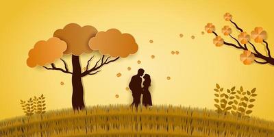 Escena romántica con fondo de temporada de otoño en estilo papercut vector