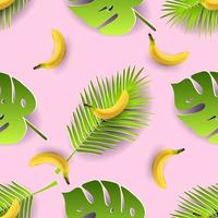 Tropical leaves and bananas seamless pattern. Paper cut style. vector