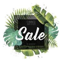 Sale banner, poster with palm leaves, jungle leaf. Beautiful vector floral tropical summer background.