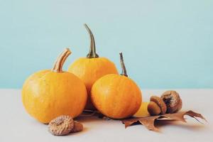 Mini pumpkins with yellow fallen leafs, against teal background autumn background with copy space photo