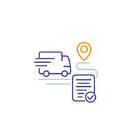 delivery service icon, transport van and destination point, linear vector