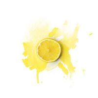 Lemon slice on white background with watercolor splashes Copy space for your text Fruit background photo