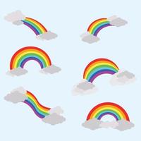 conjunto de diferentes formas de arco iris con nubes en el cielo vector