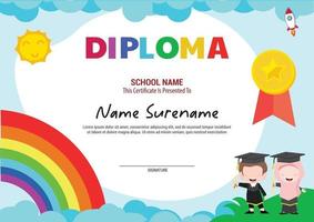 certificado de plantilla de diploma de escuela de usos múltiples niños con arco iris y cohete graduándose vector