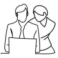 man and woman working with laptop, continuous line style vector