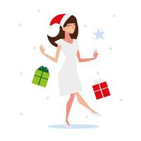 Navidad, mujer feliz con gorro de Papá Noel y cajas de regalo temporada celebración de invierno vector