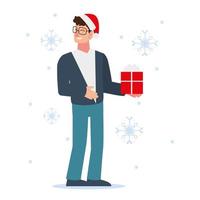 gente de navidad, hombre feliz con caja de regalo temporada celebración de invierno vector