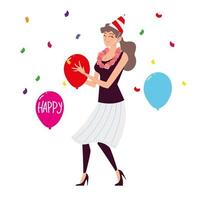 mujer feliz, con, gorro de fiesta, y, globos vector