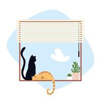 gatos sentados en la ventana con persianas y planta en maceta vector