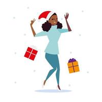 Navidad, mujer afro con gorro de Papá Noel y regalos temporada celebración de invierno vector