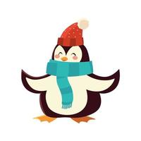 Lindo pingüino con bufanda y sombrero, personaje de dibujos animados de Navidad sobre fondo blanco. vector