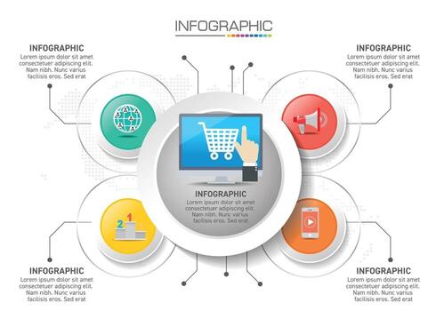 Infographics design 4 steps with marketing icons can be used for workflow layout, diagram, annual report, web design. vector