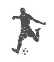 Silueta de jugador de fútbol disparar rápidamente una pelota sobre una ilustración de vector de fondo blanco