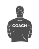 Silhouette sports coach stands with his back in a T-shirt and baseball cap Background for sports or coaching theme on a white background Vector illustration