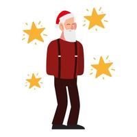 christmas people, old man with santa hat and stars celebrating season party vector