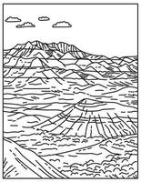 formaciones rocosas en capas en el parque nacional badlands ubicado en dakota del sur estados unidos mono line o monoline arte lineal en blanco y negro vector