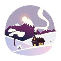 paisaje invernal con casa, montañas y árbol con nieve vector