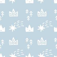 Hand drawn cute crown, fir trees and comets. Vector illustration seamless pattern. Simple repeated texture with scandinavian elements. Template for baby boy textile and wrapping paper