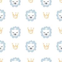 Hand drawn cute lion and crown vector illustration seamless pattern baby boy. Simple repeated texture with scandinavian elements. Template for baby textile and wrapping paper