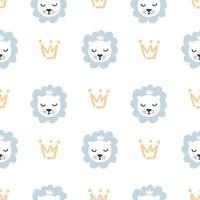 Hand drawn cute lion and crown vector illustration seamless pattern baby boy. Simple repeated texture with scandinavian elements. Template for baby textile and wrapping paper