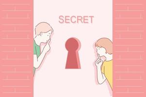 People covering their mouths with their fingers in front of the keyhole and telling secrets. hand drawn style vector design illustrations.