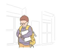 A young student with a backpack is walking to school with a sad expression. hand drawn style vector design illustrations.