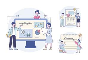 Experts are analyzing the data on the monitor. Outline flat design style minimal vector illustration set.