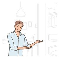 A man is introducing a house with his hands raised. hand drawn style vector design illustrations.