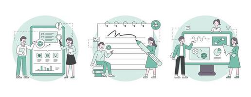 Experts are analyzing data and taking notes in notebooks. Outline flat design style minimal vector illustration set.