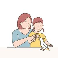 Mother and daughter are looking at the parrot. hand drawn style vector design illustrations.