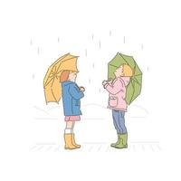 lindo niño y niña con paraguas mirando hacia el cielo lloviendo. ilustraciones de diseño de vectores de estilo dibujado a mano.