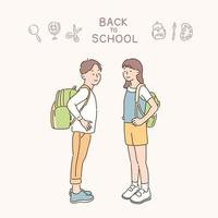 Two students with backpacks are looking back. hand drawn style vector design illustrations.