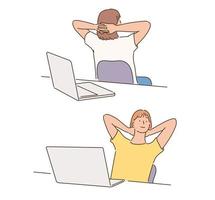 Front and back views of a man sitting and resting on an office chair. hand drawn style vector design illustrations.