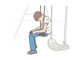 A boy is sitting on a swing with his head down. hand drawn style vector design illustrations.