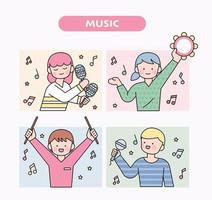 Cute children playing musical instruments and having fun. flat design style minimal vector illustration.