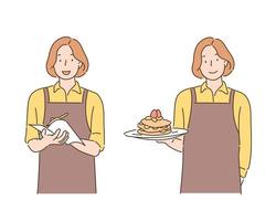 A waitress wearing an apron is serving while taking notes in a notebook or holding food in one hand. hand drawn style vector design illustrations.