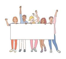 Young people are holding a white board and cheering with one hand raised. hand drawn style vector design illustrations.