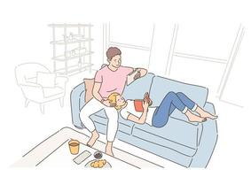 A couple is reading a book while sitting or lying on the sofa in the living room. hand drawn style vector design illustrations.