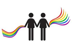 icono de dos hombres sosteniendo la bandera gay del arco iris. Ilustración de vector de icono de orgullo lgbtq