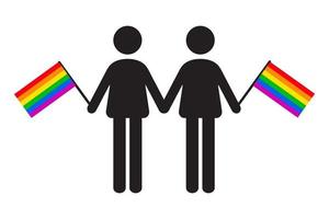 icono de dos hombres sosteniendo la bandera gay del arco iris. Ilustración de vector de icono de orgullo lgbtq