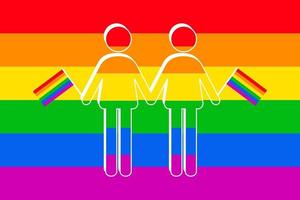 icono de dos hombres sosteniendo la bandera gay del arco iris. Ilustración de vector de icono de orgullo lgbtq