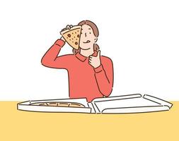 una niña sostiene su pizza en la mano y levanta el pulgar. ilustraciones de diseño de vectores de estilo dibujado a mano.