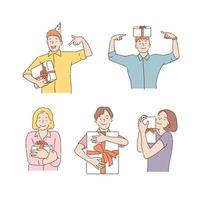 Collection of happy people holding gift boxes. hand drawn style vector design illustrations.