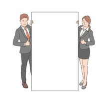 A man and a woman in suits stand with their thumbs up with a large board between them. hand drawn style vector design illustrations.