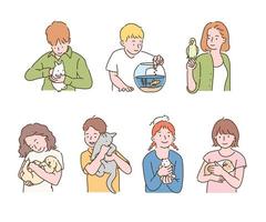People with various pets. hand drawn style vector design illustrations.