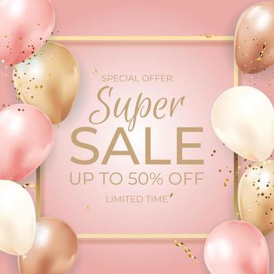 Super Sale Limited Time Background with Balloons, golden frame, ribbon and confetti. Vector Illustration