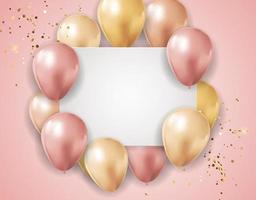 Party Glossy Holiday Background with Balloons and confetti and white empty card. Vector Illustration