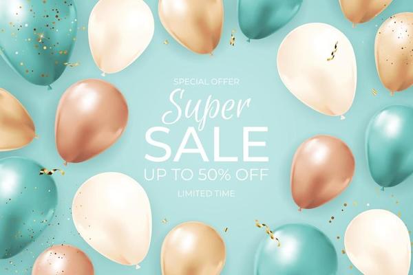 Super Sale Limited Time Background with Balloons, golden frame, ribbon and confetti. Vector Illustration